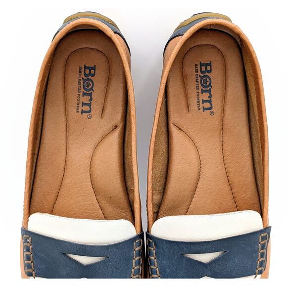 Born Malena Leather Driving Loafers Womens 7.5 Tan White Blue Chic Coastal Prep - Picture 8 of 10